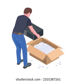 Isometric icon with man unpacking cardboard box with data center equipment 3d vector illustration