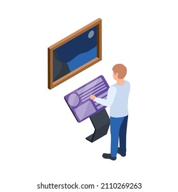 Isometric Icon With Man Using Interactive Touch Screen Display Table At Art Exhibition Vector Illustration