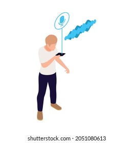 Isometric icon with man using voice assistant app on his phone 3d vector illustration