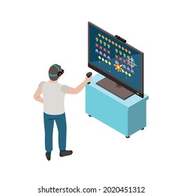 Isometric icon with man wearing virtual reality glasses playing shooting game 3d vector illustration