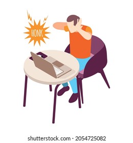 Isometric icon with man working on computer suffering from loud noise 3d vector illustration