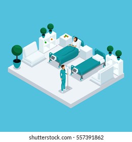 Isometric icon of many storey hospital building, room, house, patient, hospital staff, 3D nurse with a dropper isolated. Vector illustration.