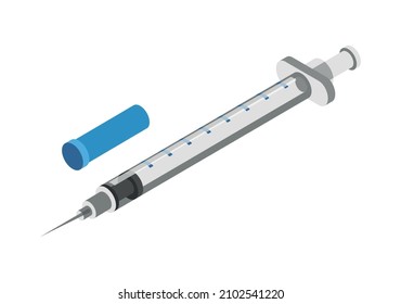 Isometric icon with medical syringe and blue cap 3d isolated vector illustration