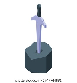 Isometric icon of medieval sword stuck in stone, illustrating arthurian legend and concept of excalibur