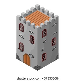 Isometric icon of medieval tower or prison. Vector illustration. Stone built fort or castle.