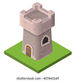 Isometric icon of medieval tower or prison. Vector illustration. Stone built fort or castle.