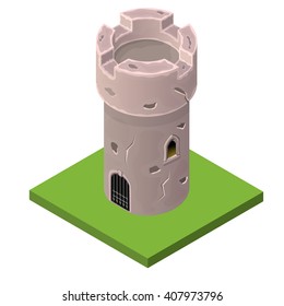 Isometric icon of medieval tower or prison. Vector illustration. Stone built fort or castle.