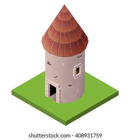 Isometric icon of medieval tower. Vector illustration. Stone built fort or castle.