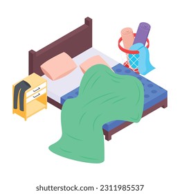 An isometric icon of messy bed 