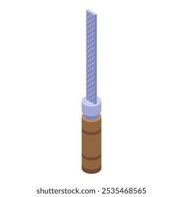 Ícone isométrico de um arquivo de metal com uma alça de madeira para carpintaria e marcenaria
