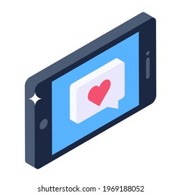 Isometric icon of mobile dating app, heart on a laptop
