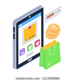 Un icono isométrico del pago de compras móviles 

