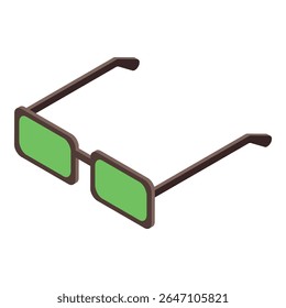 Isometric icon of modern sunglasses with green lenses on white background