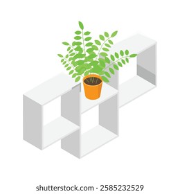 An isometric icon of a modern, wall shelf unit with a potted plant