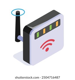 An isometric icon of a modern Wi-Fi router with a prominent antenna for strong signal