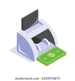 Isometric icon of a money counting machine processing and verifying currency bills accurately