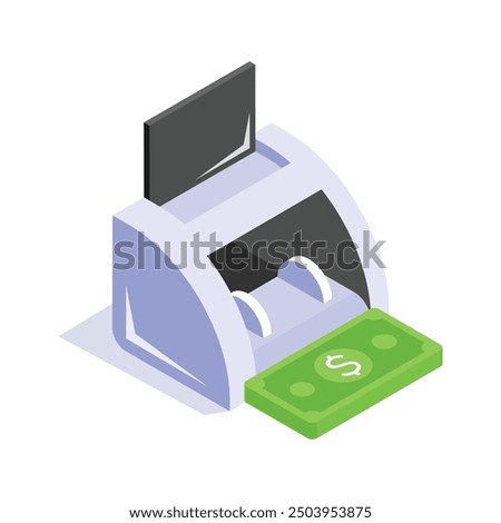 Isometric icon of a money counting machine processing and verifying currency bills accurately