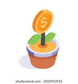 Isometric icon of a money plant symbolizing financial growth and investment success