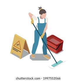 Isometric Icon With Mopping Cleaner Red Bucket And Wet Floor Caution Sign 3d Vector Illustration