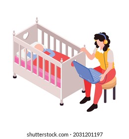 Isometric icon with mum working on laptop while rocking her baby in cradle vector illustration