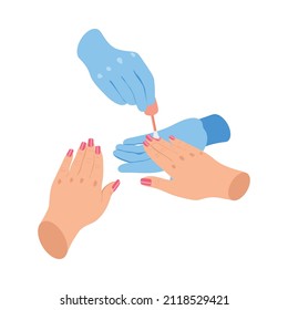 Isometric icon with nail artist hands in gloves doing manicure 3d vector illustration