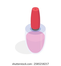 An isometric icon of a nail polish bottle with a red brush applicator.