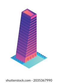 Isometric icon with neon colored high rise modern building vector illustration