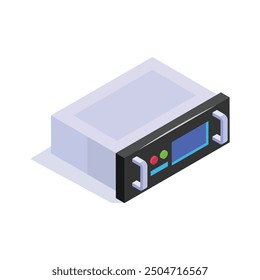 Isometric icon of a network server rack with control panel and handles