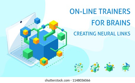 Isometric icon neural connections of the human brain, online simulators for the development of memory, attention, concentration, thinking, speed reading.