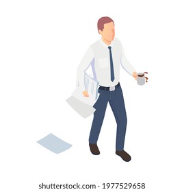 Isometric icon with office worker spilling coffee and dropping papers vector illustration