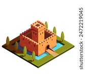 isometric icon of old castle in moat in park, vector illustration