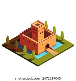 isometric icon of old castle in moat in park, vector illustration