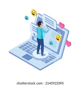 Isometric icon with online chatting symbols man and laptop 3d vector illustration