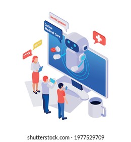 Isometric icon with online medical care service chatbot talking to people 3d vector illustration