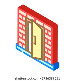 Isometric icon of an open door set in a brick wall, symbolizing entrance, access and residential building design, simple colorful 3d illustration on white background
