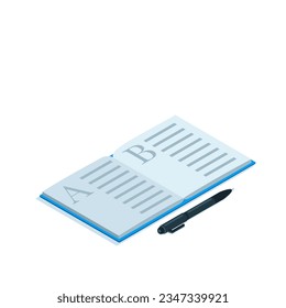 isometric icon open notebook and pen in color on white background, study supplies or school notebook