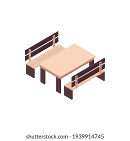 Icono isométrico de la tabla de cafés al aire libre y la ilustración del vector de asientos