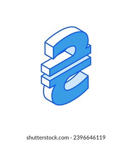 Isometric icon en contorno. Vector plano moderno Ilustración. Símbolo ucraniano de la moneda Hryvnia. Icono de marketing en medios sociales.