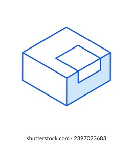 Isometric icon en contorno. Vector plano moderno Ilustración. Caja con el símbolo de etiqueta. Icono de marketing en medios sociales.