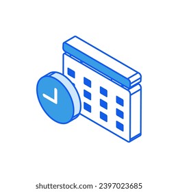 Isometric icon in outline. Modern flat vector Illustration. Calendar and round shape clock symbol. Social media marketing icon.