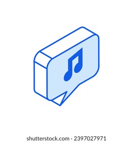 Isometric icon in outline. Modern flat vector Illustration. Message shape box with musical note symbol. Social media marketing icon.