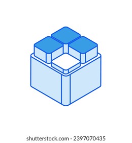 Isometric icon en contorno. Vector plano moderno Ilustración. Caja con cuatro botones en la parte superior con un símbolo pulsado de un botón. Icono de marketing en medios sociales.