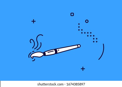 Isometric icon paint brush with linear smears and abstract elements on blue background. Paintbrush sign for infographics concept, symbol of art and drawing, artist tool 3d vector line art illustration
