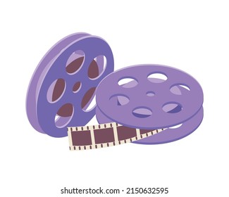 Isometric icon with pair of retro film reels on white background 3d vector illustration