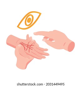 Isometric icon with palm reader hands telling fortune 3d vector illustration