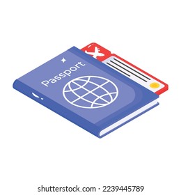 Isometric icon of passport, travelling pass and documents 