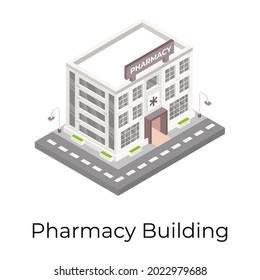 Icono isométrico de un edificio de farmacia