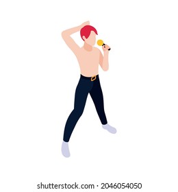 Isometric icon of pop singer character with bright hair and microphone 3d vector illustration
