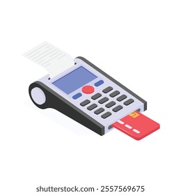 Isometric icon of a POS terminal printing a receipt, indicating successful transaction