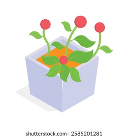 An isometric icon of a potted plant with two bright orange flowers